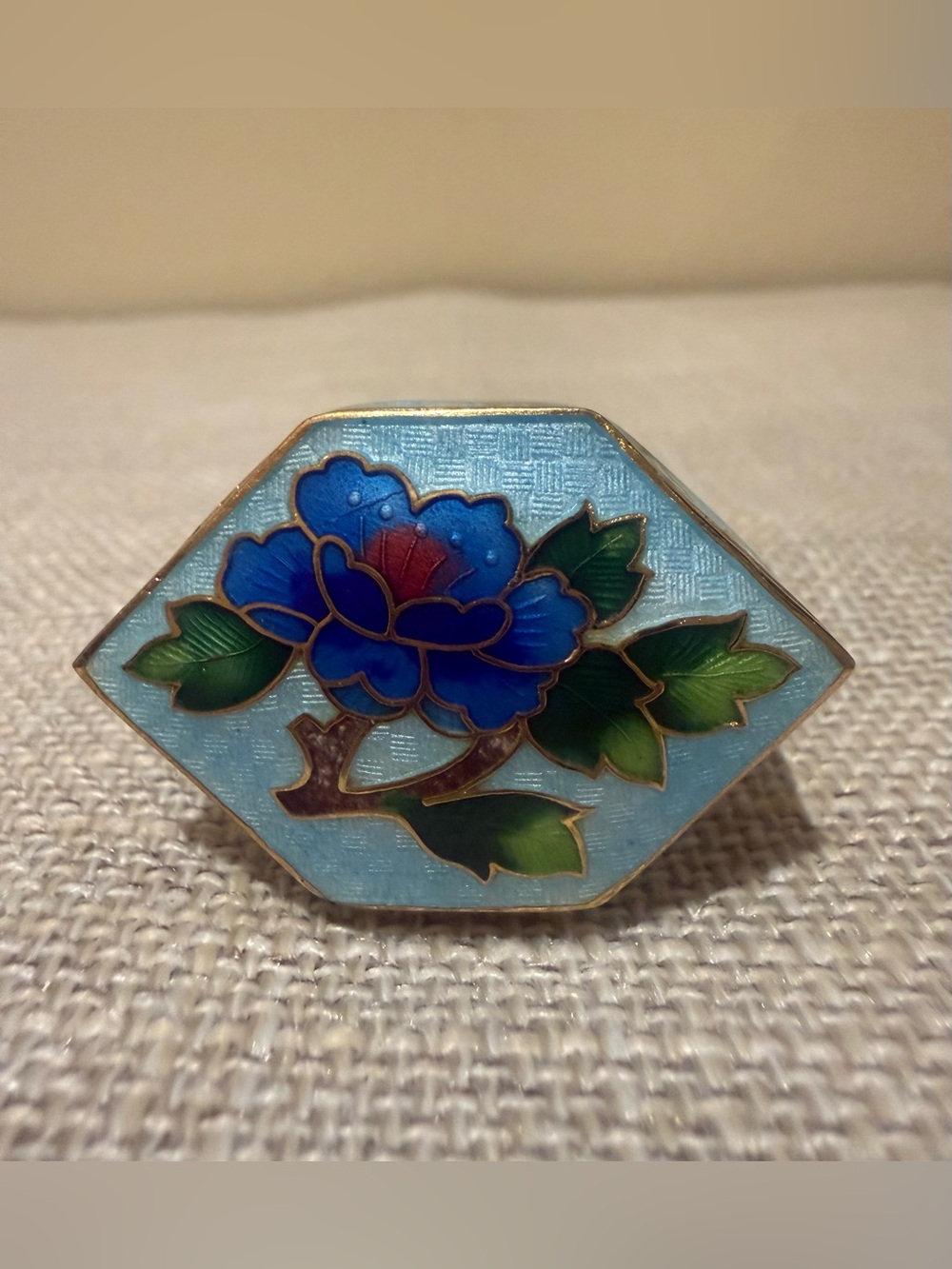 Vintage Chinese Cloisonné Enamel Hexagon Pill Box | Blue Peony & Cloud Motif
